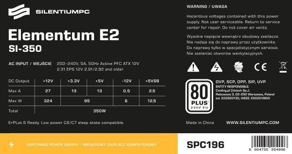 Блок питания SilentiumPC Elementum E2 Si 350W (SPC196)