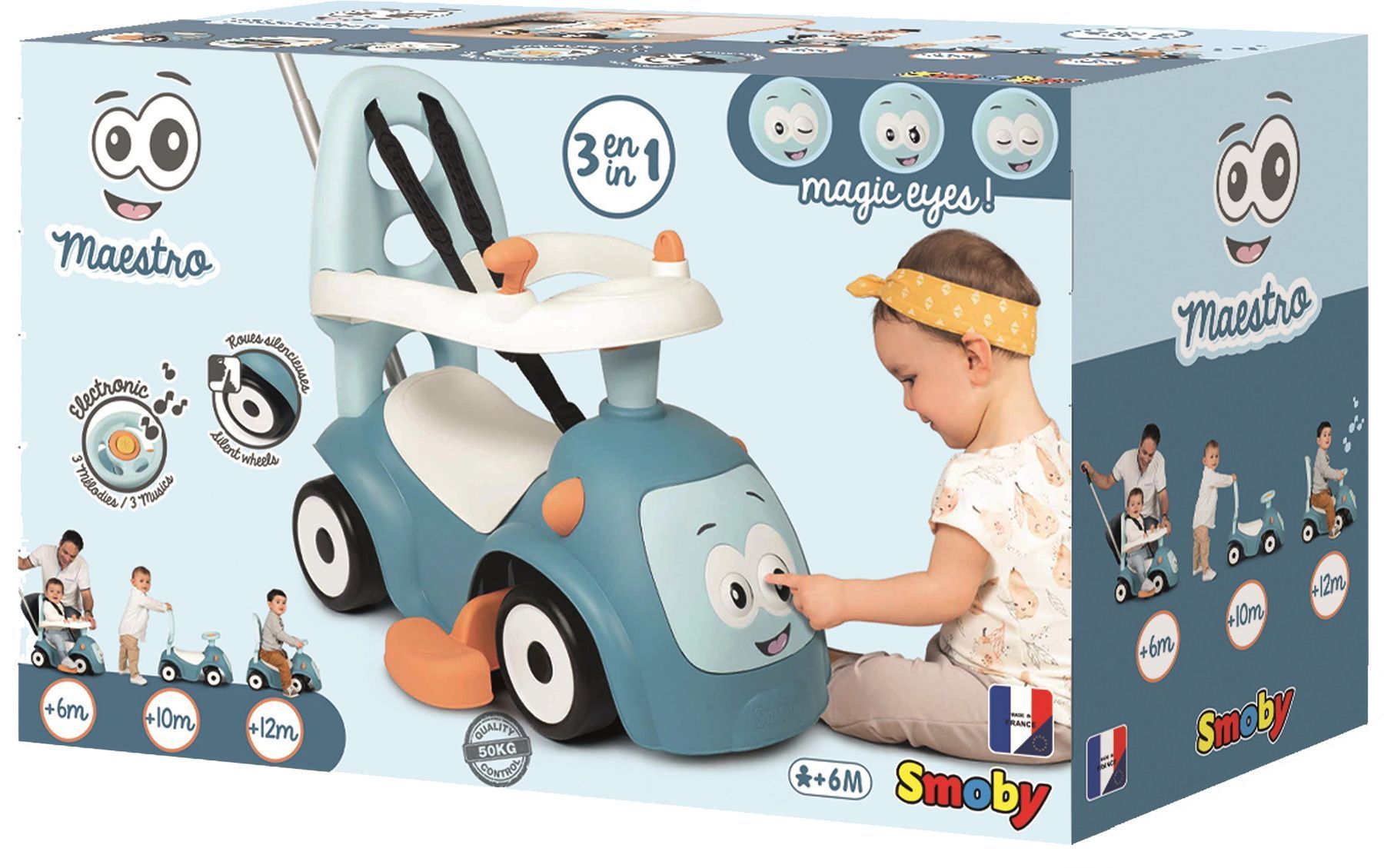 Каталка з батьківською ручкою Smoby Маестро 3 в 1, блакитний (720304)