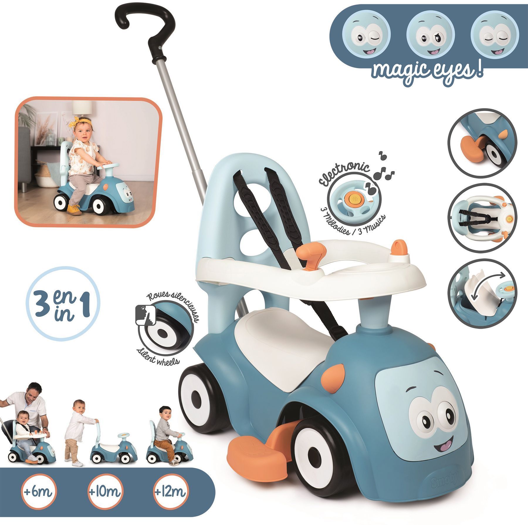 Каталка з батьківською ручкою Smoby Маестро 3 в 1, блакитний (720304)